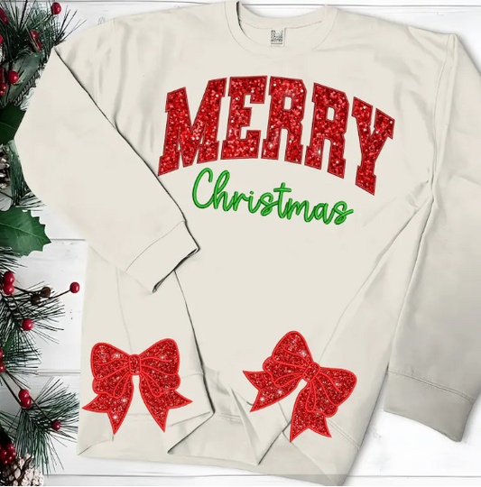 Christmas Theme Side Bow Applique Crewneck- Adult