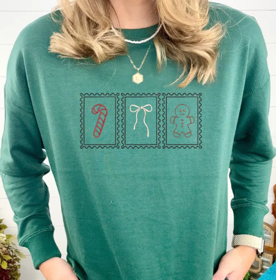 Christmas Postage Stamp Embroidered Top