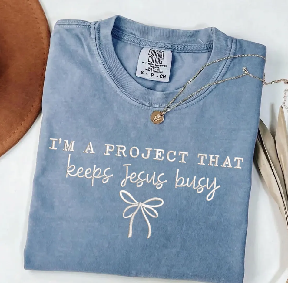 Project Keeps Jesus Busy Embroidered Top