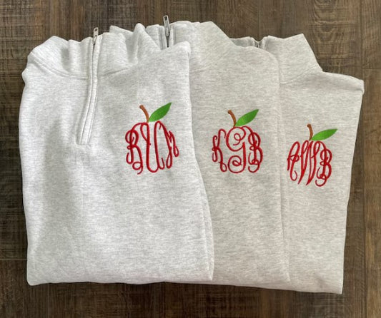 Teacher Apple Monogrammed 1/4 Zip Pullover