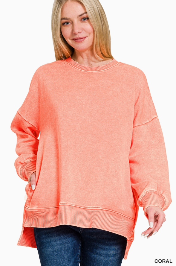 Acid Wash Hi-Low Fleece Pocket Pullover