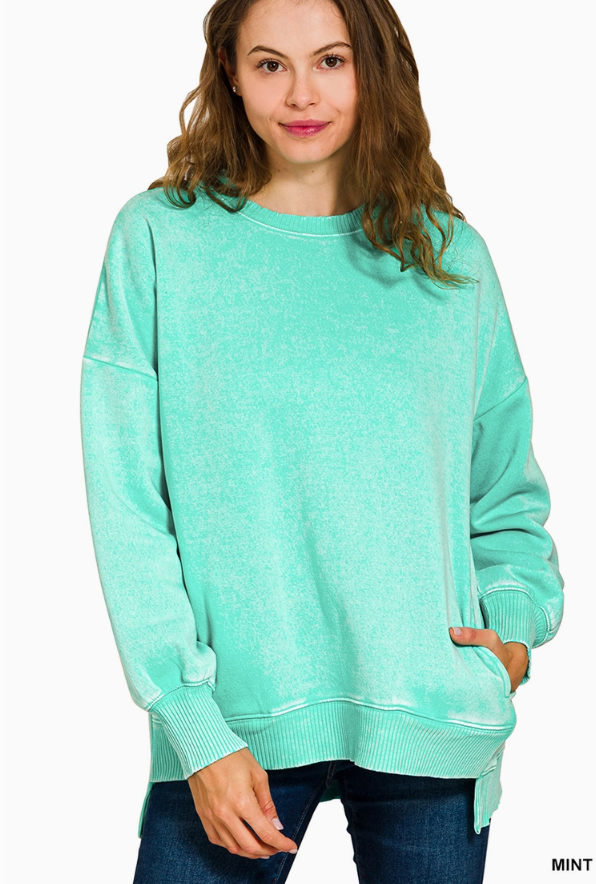 Acid Wash Hi-Low Fleece Pocket Pullover