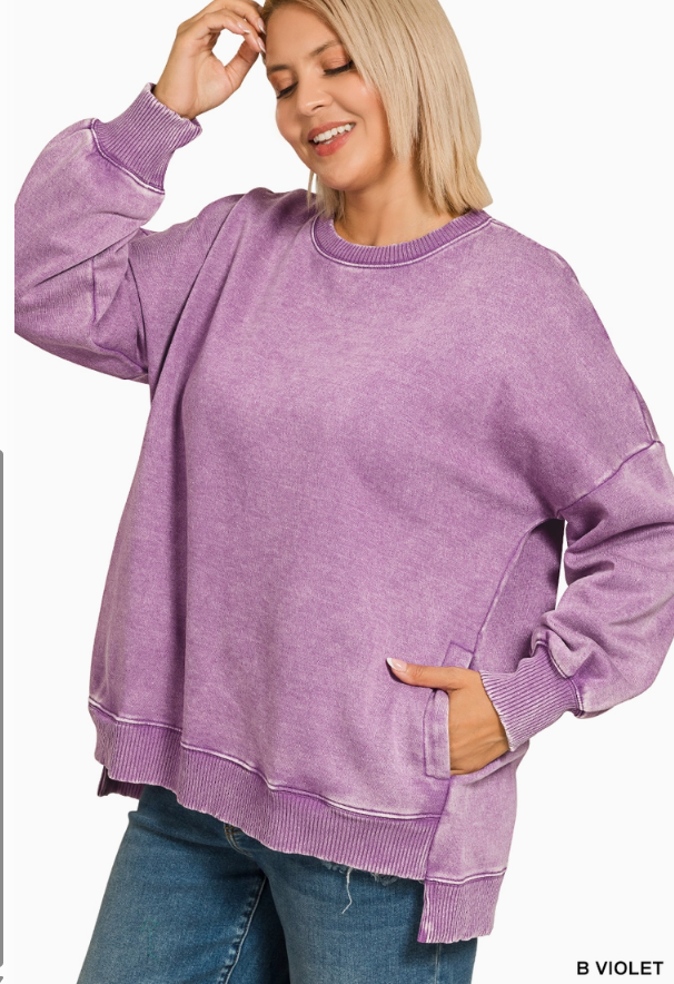 Acid Wash Hi-Low Fleece Pocket Pullover
