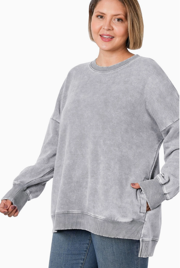 Acid Wash Hi-Low Fleece Pocket Pullover