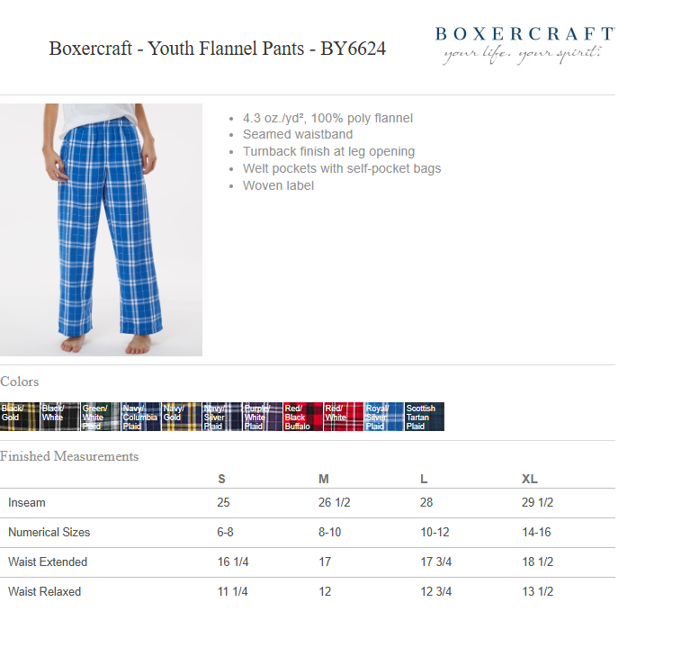 Boxercraft Youth Flannel Pants- Panthers