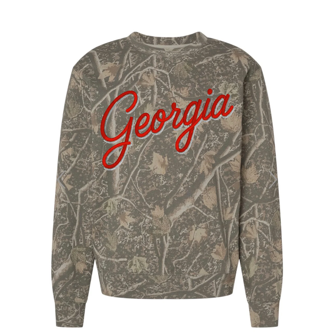 Georgia Script Embroidered Deadwood Camo Crewneck
