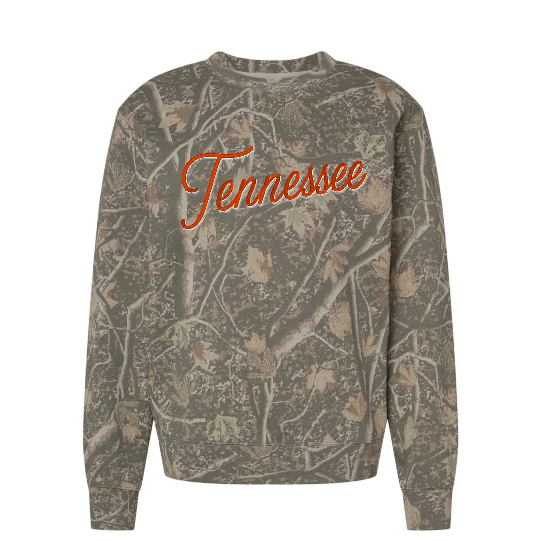 Tennessee Script Embroidered Deadwood Camo Crewneck