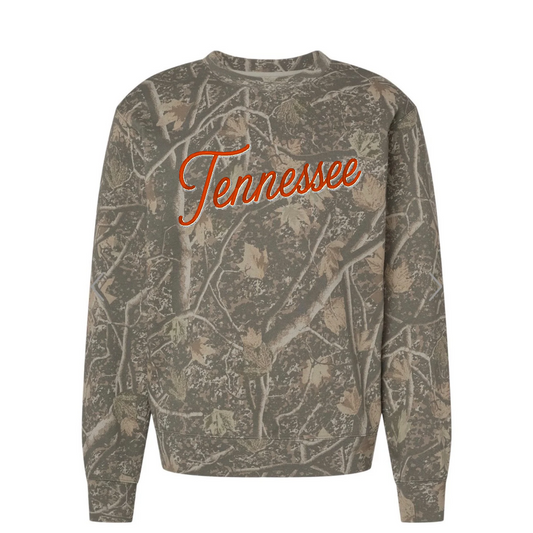 Tennessee Script Embroidered Deadwood Camo Crewneck