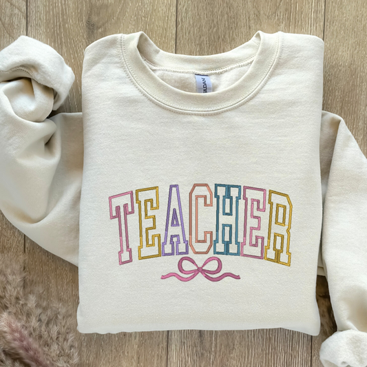 Embroidered Teacher Coquette Bow Sweatshirt