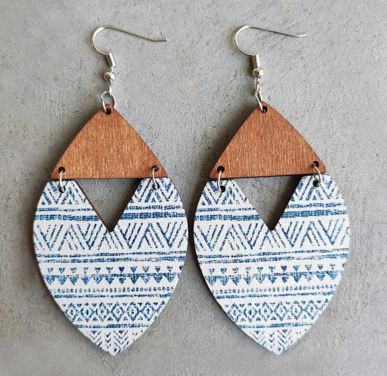 Distressed Blue and White Wood Earrings