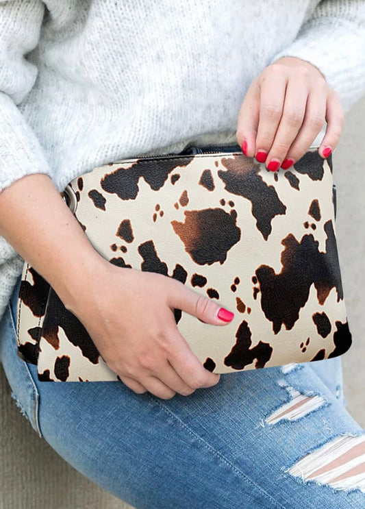 Brown and Cream Cow Print Oversized Clutch
