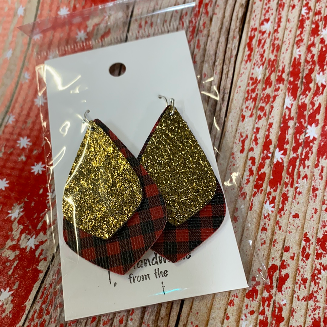 Gold Glitter & Red Buffalo Plaid Earrings